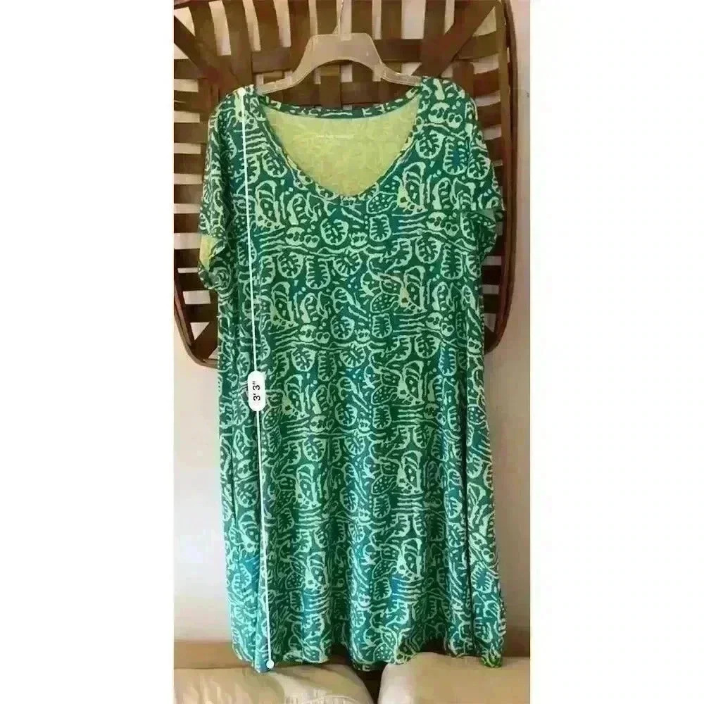 Soft Surroundings Women's 1X Green Palm Leaf Print Dress w/ Pockets - Picture 8 of 10